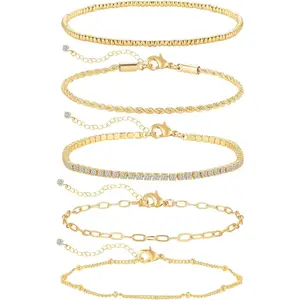 Gold Bracelets for Women, Dainty 14K Gold Plated Bracelet Stack Tennis Thin Bracelets, Trendy Stackable Bracelets, Golden Jewelry Set Link Bracelet Pack, Fashion Jewelry Pack for Women