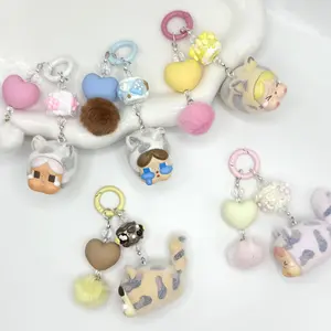 Cry Baby Fuzzy Kitten Cute Keychain Charm Accessories for Phone Bag Purse with Heart and Pom Pom Decorations