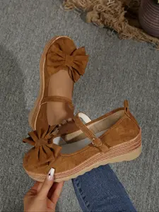 Women's Wedge Platform Loafers, Breathable Textile Plaid Bowknot Ankle Strap Shoes, Casual Round Toe Spring & Fall Footwear