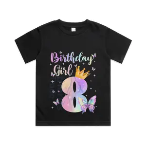 Birthday Girl 8 Year Old Butterfly Theme Party 8th Bday Kids Cotton T-shirt, Graphic Print Round Neck Short Sleeve Casual Tee for Boys Girls