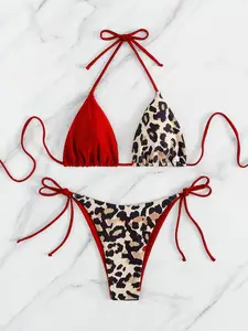 Leopard Print Color Block Triangle Halter Tie Strap Backless 2pcs Set Bikini, Swimsuits, Women'S Swimwear And Clothing