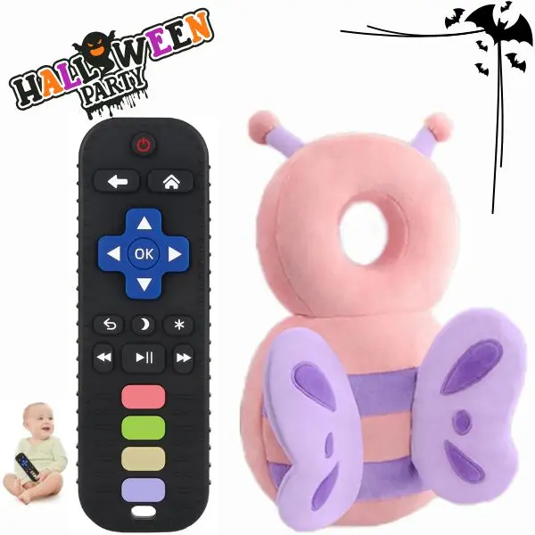 2 in 1 Halloween Baby Essentials Bundle – TV Remote Silicone Teether & Butterfly Baby Backpack Cushion, Sensory Chew Toy for Babies 3-24 Months, Soft Adjustable Walking Companion
