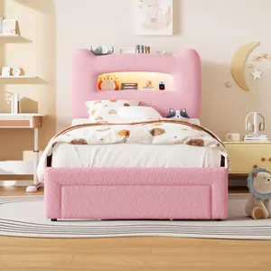 Pink LED Twin Bed Frame with 2-Tier Storage Headboard, Upholstered Platform Bed with Charging Station and Drawer for Kids/Girls/Boys, Heavy Duty Metal Support, No Box Spring Needed