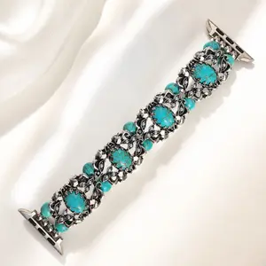 1 Pc Vintage Turquoise & Pearl Inlaid Zinc Alloy Elastic Watch Band, Straps, Smartwatch Strap, Hollow Cloud Pattern For Iwatch Ultra 3/2/1 SE 38-49mm, 20/22mm Standard Spring Bar, Fits Samsung Huawei Garmin, Couple Gift