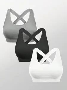 Sporty Women's Solid Color Criss Cross Back Athletic Fitted Sports Bra, Breathable Comfortable Seamless Workout Ribbed Sports Lingerie Top, Ladies Sportswear for Indoor Outdoor Wear, Yoga Sports Bra