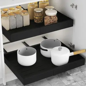 Expandable Pull Out Drawers for Cabinets (Black): Kitchen and Pantry Organizer, Sliding Cabinet Organizer with Adhesive, Under Sink and Pots Storage, 12.5"-20.5". Adjustable Shelf Solution