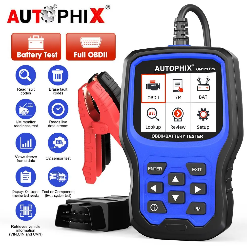 AUTOPHIX OM129 Pro 2-in-1 OBD2 Automotive Code Reader - 6/12V Car Battery Load Tester, Vehicle Engine System Diagnostic Tool with Real-Time Data Graphing, Code Reader Obd-Ii Engine System Diagnostic Tools