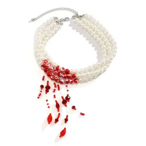 Unique Halloween Blood Drip Necklace Pearl Design Stunning Statement Jewelry for Halloween Parties and Costume Accessories Perfect Gift for Halloween Lovers,funky jewelry