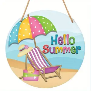 Summer Beach Theme Round Wooden Sign, Umbrella, Striped Chair, Shell Wreath, Wall Decor for Porch, Cafe, 9.2 Inch Coastal Welcome Plaque
