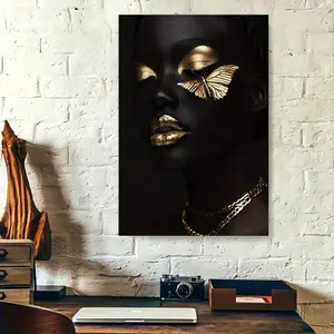 1pc, Black And Gold Wall Art Canvas Print Modern African American Woman Portrait With Golden Butterfly Elegant Luxury Home Decor For Living Room Bedroom Office Gallery Poster Artwork Anniversary Gift