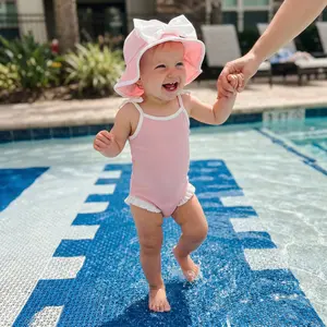 Toddler Girl Cami Romper Swimsuit Sleeveless Ruffle Trim Swimwear with Hat for Beach Pool