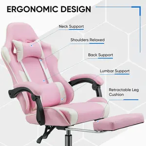 Pink Ergonomic Gaming Chair With Headrest And Lumbar Pillow,Height Adjustable With 360°-Swivel Seat