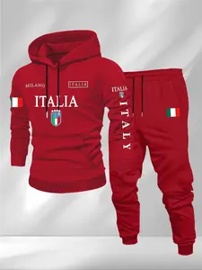 Men's Letter Print Casual Sportswear Set, Hooded Sweatshirt & Drawstring Pants, Fall Winter Comfortable, 2 Piece Set, Sweatsuit Set Outfit
