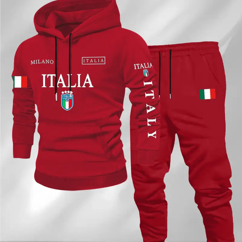 Men's Letter Print Casual Sportswear Set, Hooded Sweatshirt & Drawstring Pants, Fall Winter Comfortable, 2 Piece Set, Sweatsuit Set Outfit, Casual Sweatsuits Set