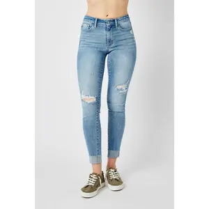Judy Blue Women's Mid Rise Distressed Skinny Jeans, Everyday Stretch Denim with an Adjustable Cuffed Hem for Streetwear