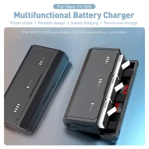 TELESIN 3-Channel Battery Charger for GoPro Hero 11/10/9, Portable Charging Case with 4-LED Power Display, Supports Enduro Battery & TF Card Storage Chargeable