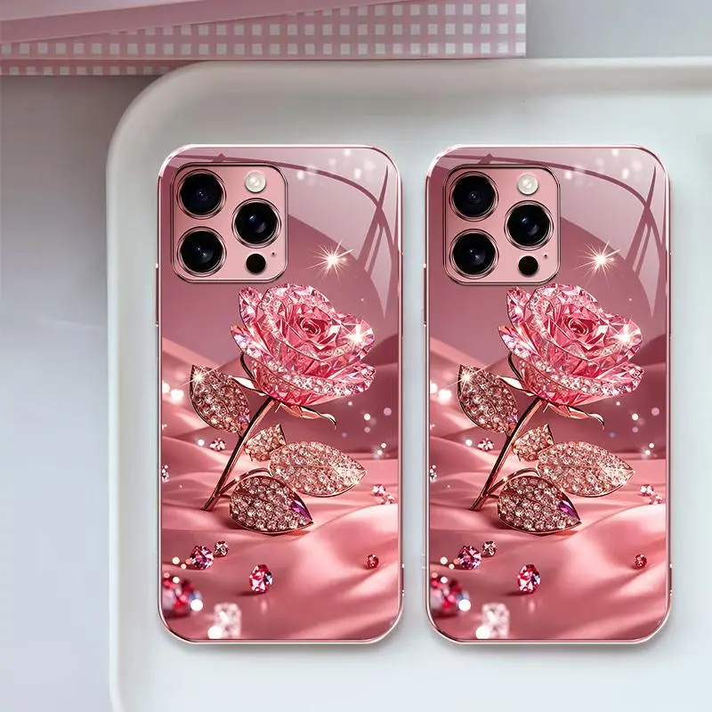 Suitable for [iPhone 12 Pro Max ] Aesthetic Electroplated Rose Pink Phone Case | Luxury Sparkling Crystal Rose Glass Cover | Cute Fashion Phone Accessories | JS996
