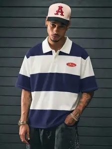 Retro Navy Blue and White Striped Collar T-shirt | Men's loose fit, retro streetwear with printed logo, breathable casual summer T-shirt, suitable for fashionable men, Summer Polo Shirt, Collared Polo Shirt