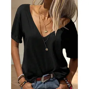 Ciel Fashion Women Solid Deep V Neck Short Sleeve Loose Fit Casual Basic T-Shirt