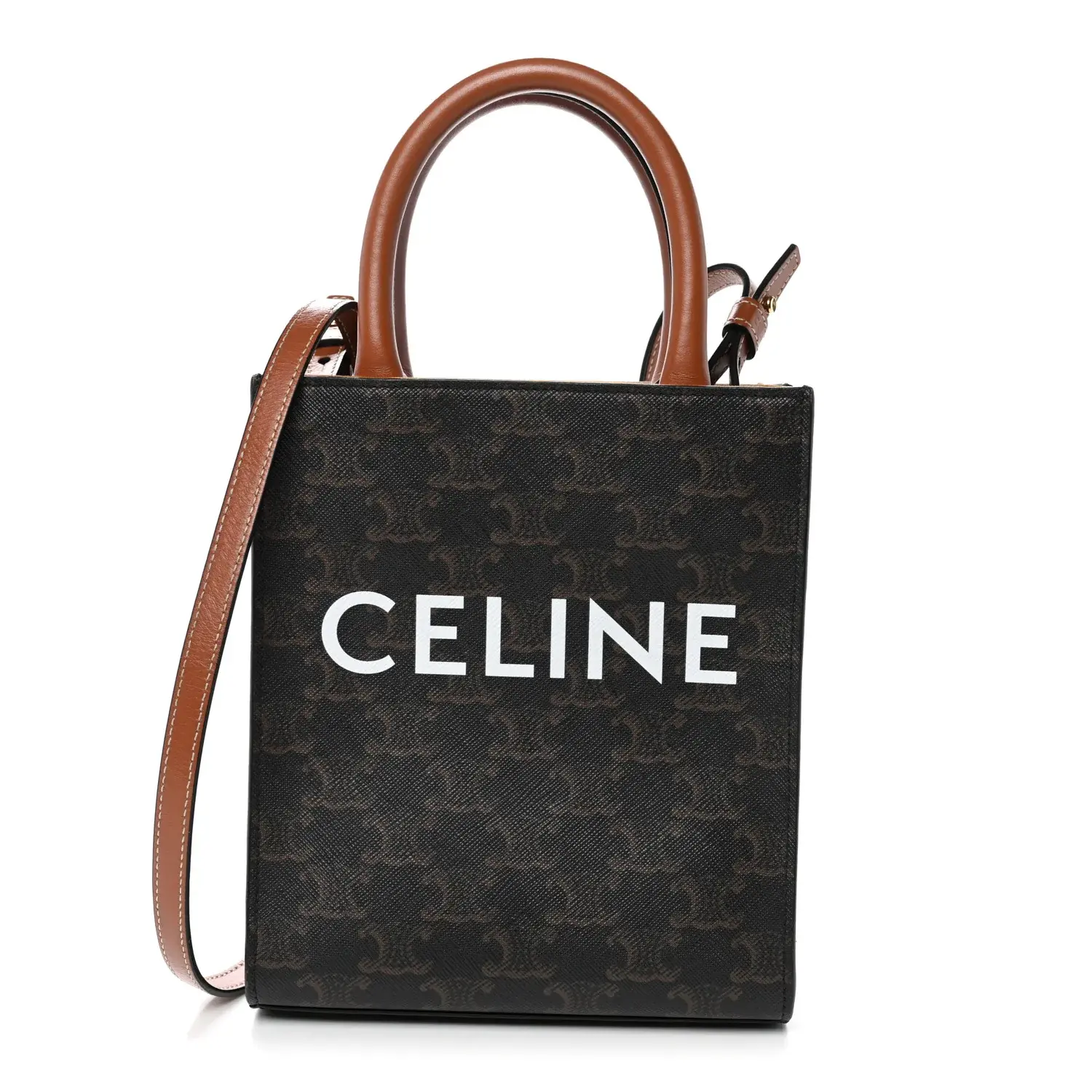 Pre-owned Celine Canvas and Leather Shoulder Bags Triomphe Canvas Calfskin Mini Vertical Cabas Tan