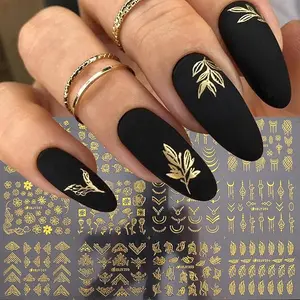 Flowers Nail Art Stickers Decal 3D Self-Adhesive Golden Flower Leaf Lace Nail Supplies Flower Nail Stickers Geometry Line Nail Designs for Women Girls Nail Art Decorations