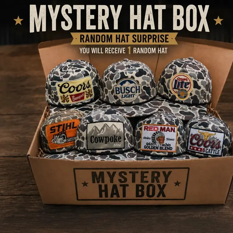 Mystery One Hunting 7 Panel Hat Sent, Random Camo Snapback Cap Bundle, Retro Rope Hat Collection, Outdoor Hunting Western Style Cap, Beer Patch Hat, Cowboy Ranch Gift for Men, Surprise Hat Box