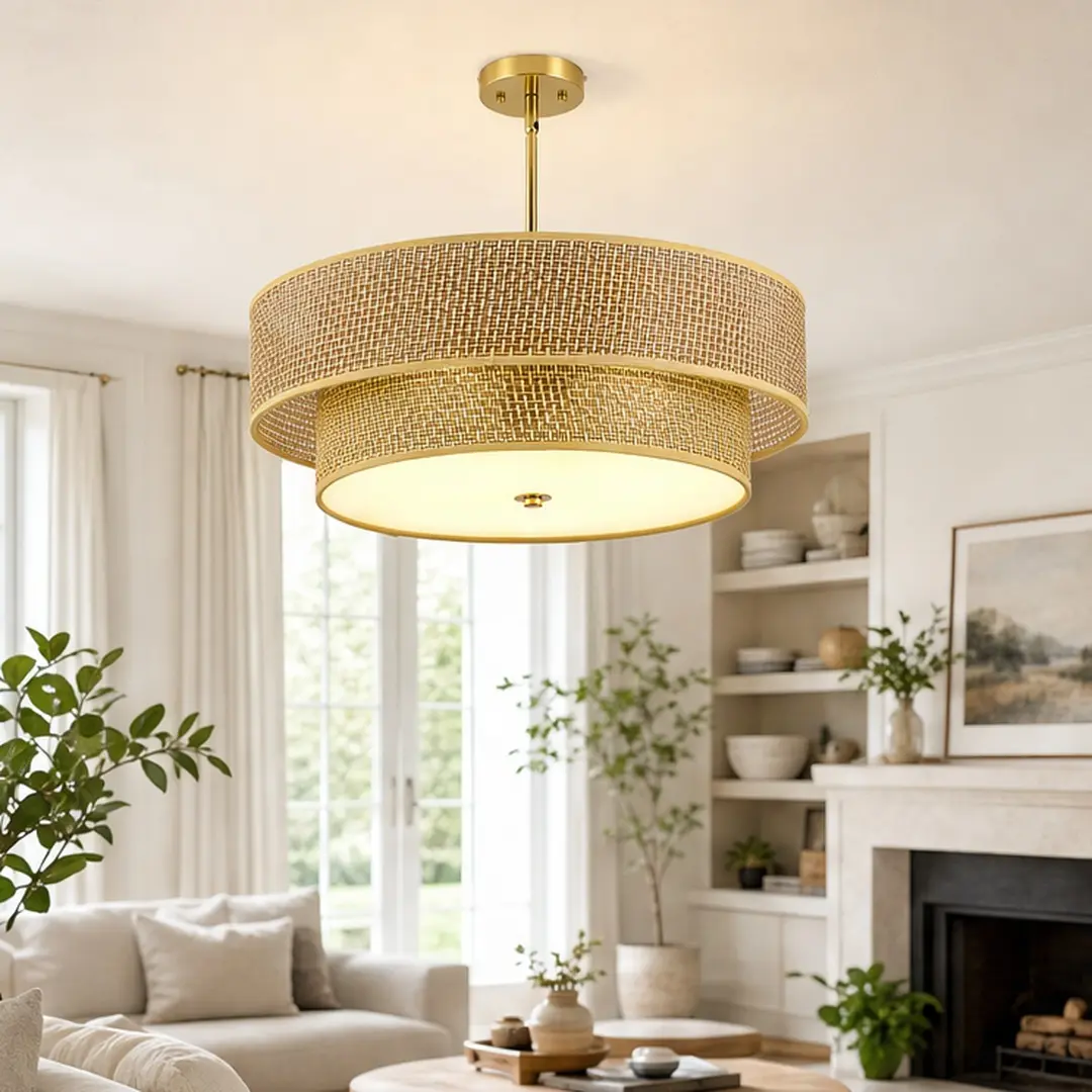 17.7 Inch Woven Rattan Linen Semi Flush Mount Ceiling Light Fixture, Modern Boho Drum Lamp, Gold Wicker Chandelier for Bedroom, Kitchen, Dining Room, Living Room, Hallway, Entryway, Farmhouse Coastal Decor, Gold Color Options