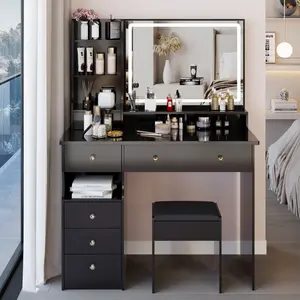 41" Large Size Left Drawer Desktop Vanity Table+Cushioned Stool, Extra Large Touch Control LED Mirror, 3-color Switch, Multi Layer High Capacity Storage Fashionable Dresser, Suitable For Large Space