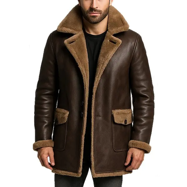 Men's Brown Shearling Leather Coat – Classic Winter Overcoat with Fur Lining and Button Closure