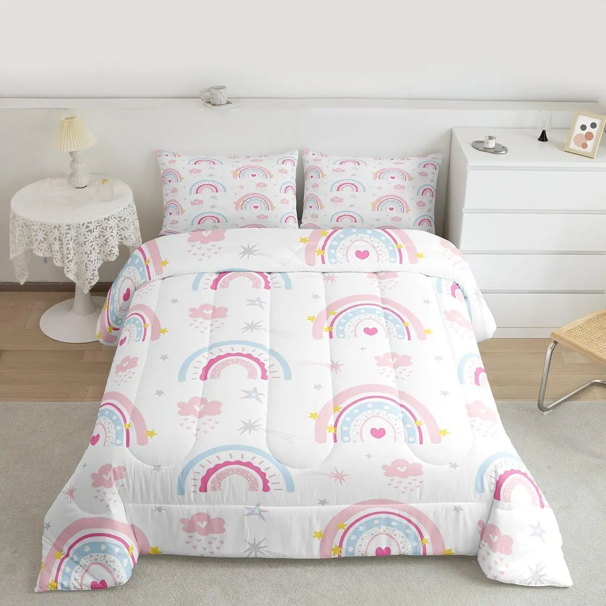 Cute Rainbow Comforter Set All Season Pink Blue Bedding Set 1 Star Print Microfiber Bedclothes Cartoon Cute Bedroom Decor Duvet Quilt
