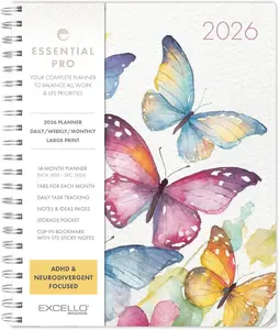 Essential PRO 2026 Daily, Weekly & Monthly Planner, 8.5"x11": 14 Months (Nov 2025 - Dec 2026) Monthly Tabs,Daily ,Notes Pages,Storage Pocket,Bookmark w Sticky Notes (Watercolor Butterflies)