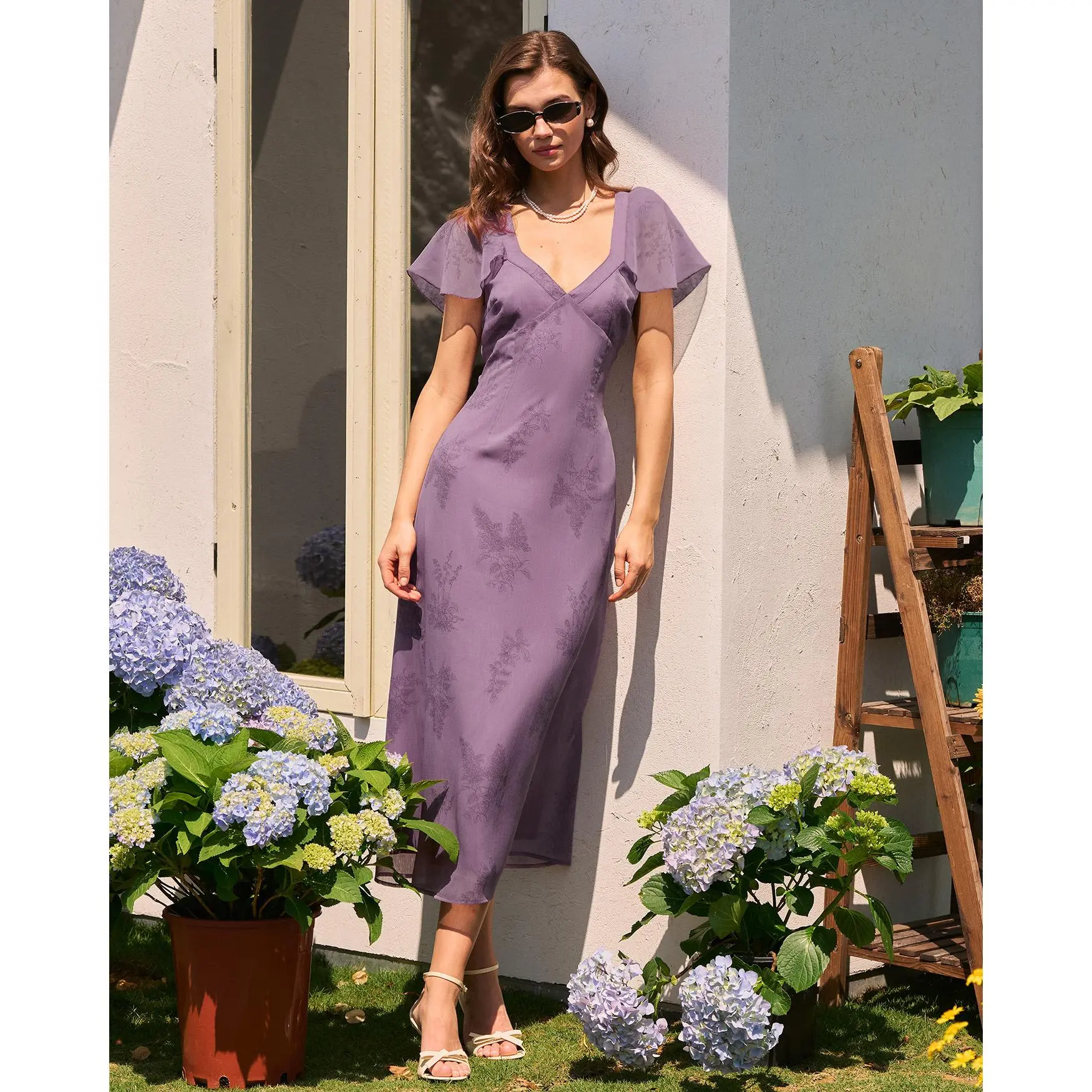 Purple V Neck Butterfly Sleeve Floral Midi Dress