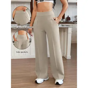 Women's Wide-Leg Trousers with Wide Elastic Waist & Full-Length Pants - Loose-Fit High-Waisted Casual/ Workout Pants Suitable for Spring/Autumn, Gym, Training - Solid Color Elastic Comfortable Long Pants (No)