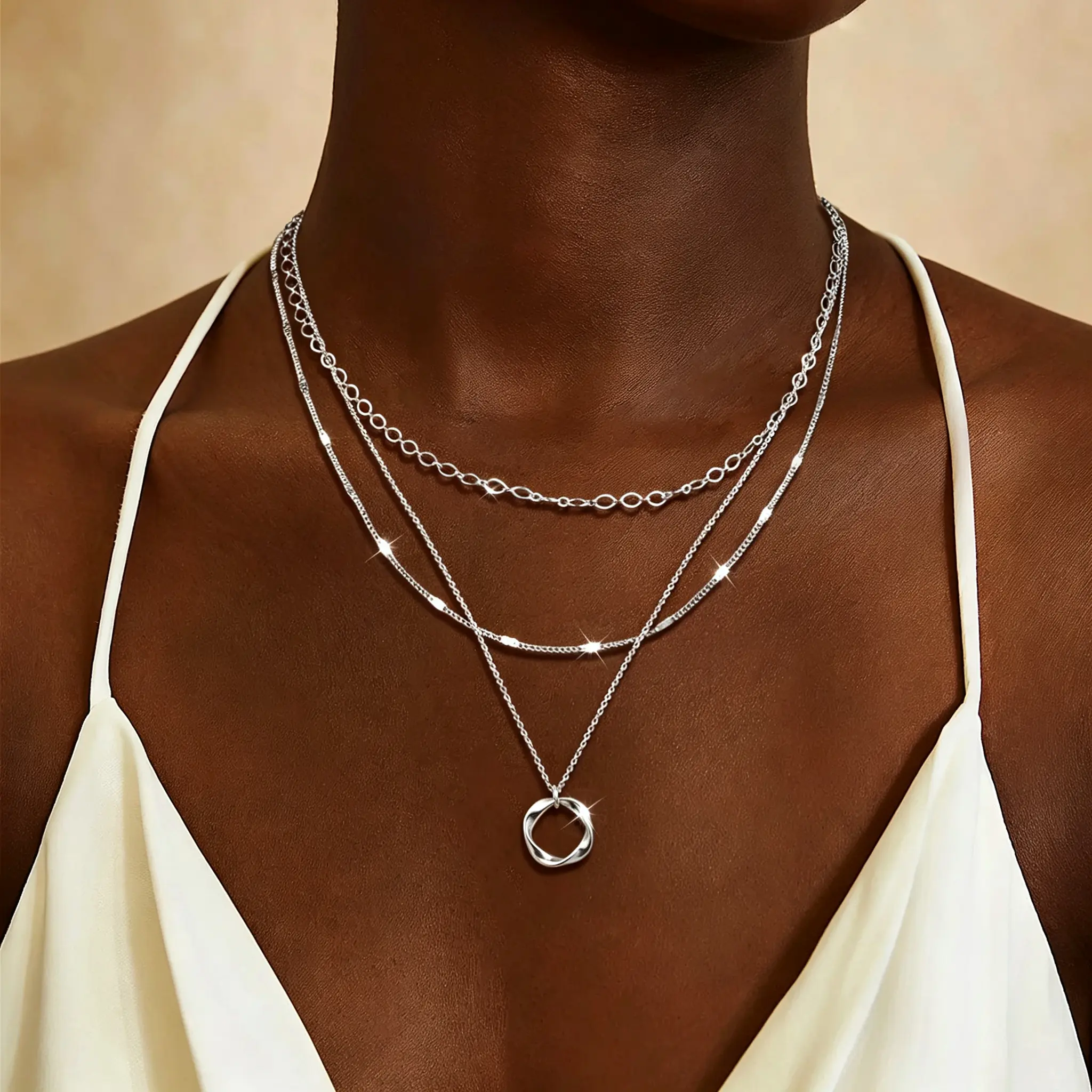 Women's 925 Sterling Silver Layered Necklace - Circular Pendant, Minimalist Chain, Classic Elegant Charm, Silver-Tone Layered Jewelry for Party Gifting