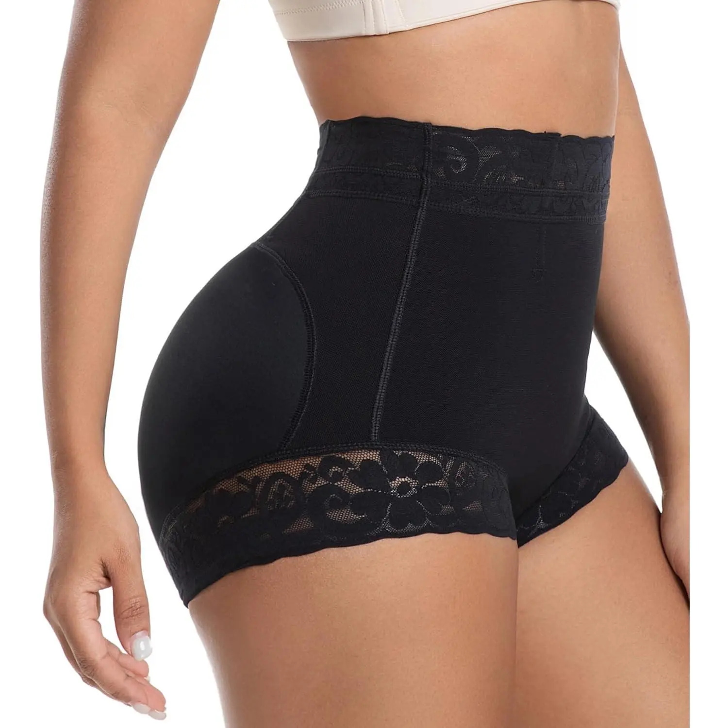 Women Lace High Waist Tummy Control Shapewear Boyshorts, 3D Butt Lifter Body Shaper, Anti-Roll Seamless Shaping Under Shorts Floral Breathable