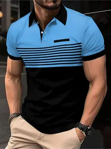 Men's Summer Geometric Stripe and Letter Print Comfortable Casual Light Breathable Short Sleeve Regular Edition Polo Shirt Top