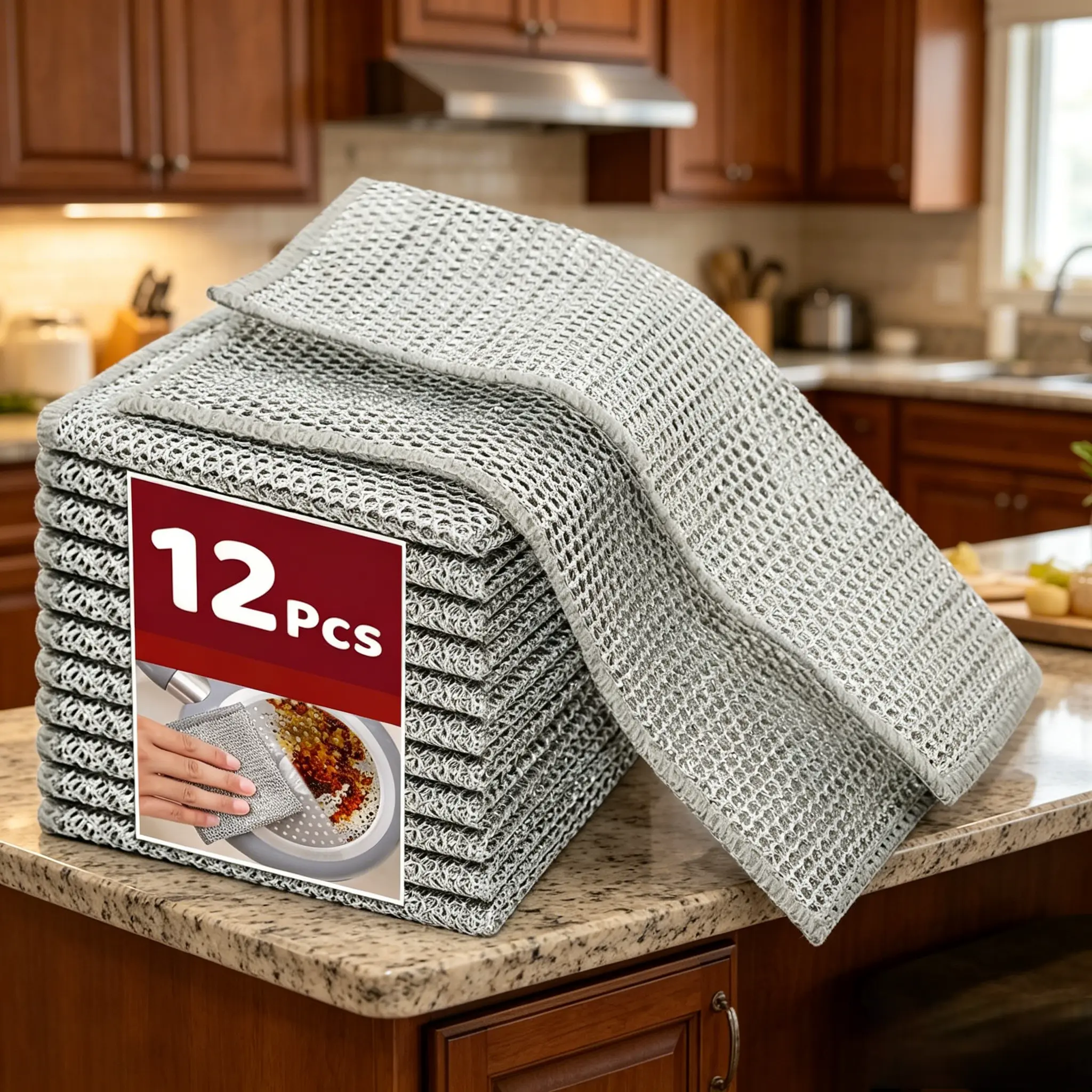 12 Counts Metal Wire Dishwashing Cloths, Wet and Dry Use, Reusable Non-Scratch Wire Cleaning Pads, Multipurpose Kitchen Dishwashing Rags Scrubber for Pots, Pans, Dishes, Stove, Sink