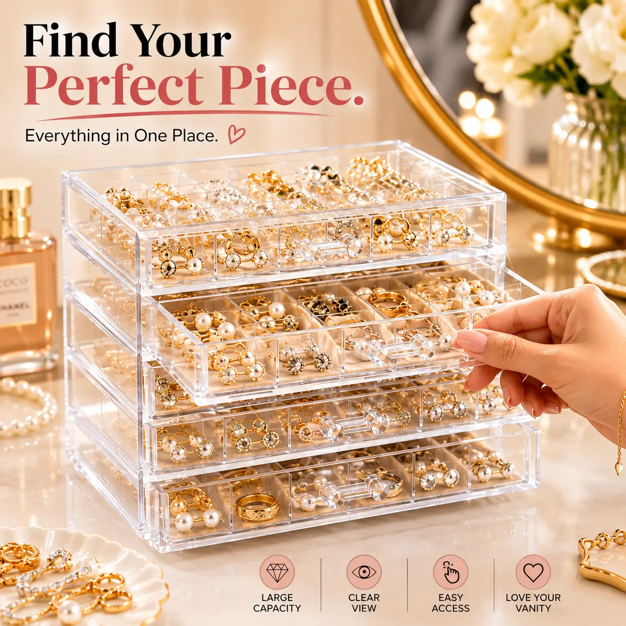 Clear Acrylic Jewelry Organizer with 5 Drawers, Large Capacity Storage Box with Divided Compartments for Earrings, Rings, Bracelets & Accessories, Vanity & Dresser Organizer