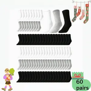 QQQ 60-48-30-18-6 Double-pack Knee-high Socks, Large Package, Unisex, Lightweight Casual Sports and Fitness Socks, Solid Color, Suitable for Casual Shoes and Sports Shoes, Durable, Moisture-wicking, Breathable