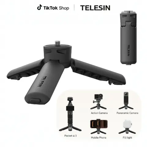 TELESIN One Click Open Mini Tripod and Vlog Handle for Xtra muse, DJI Osmo Pocket 4 3, Action 6 5 Pro, Insta360 Luna X5, 1/4" Screw Stand for Video,Live Stream,Creators