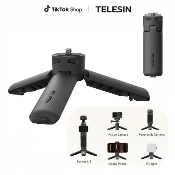 TELESIN One Click Open Mini Tripod and Vlog Handle for Xtra muse, DJI Osmo Pocket 4 3, Action 6 5 Pro, Insta360 Luna X5, 1/4" Screw Stand for Video Creators