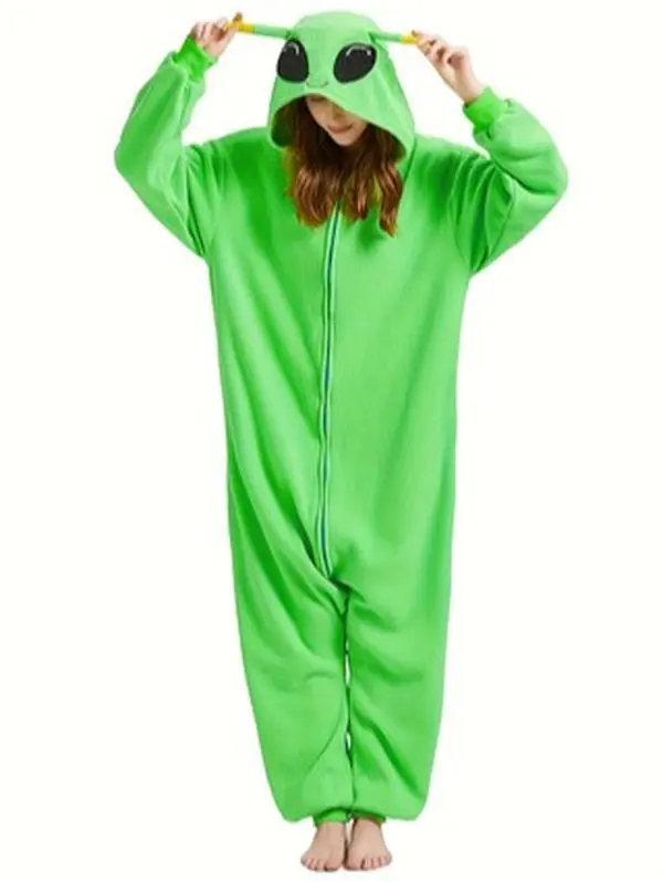 Women's Alien Onesie Pajama, Soft Plush Hooded Costume, Comfortable Cozy Fit for Halloween Party & Loungewear, Happy Birthday, Long Sleeve, Nightwear, Space Theme, Holiday, Cosplay
