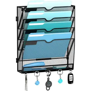 F-SBB52  Wall File Organizer with 5 Hooks 5 Tier Hanging File Organizer, Vertical Wall Mount Mail Organizer for Papers, Folders, Magazines, Bills, Office&School Organization, Black