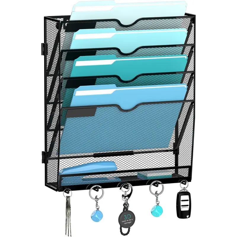 F-SBB52  Wall File Organizer with 5 Hooks 5 Tier Hanging File Organizer, Vertical Wall Mount Mail Organizer for Papers, Folders, Magazines, Bills, Office&School Organization, Black