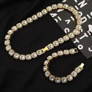 Iced Out Hip Hop Necklace Bracelet Set For Men Gold Tone Bling Round Square CZ Diamond Full Ice Out Cuban Link Chain Rapper Jewelry