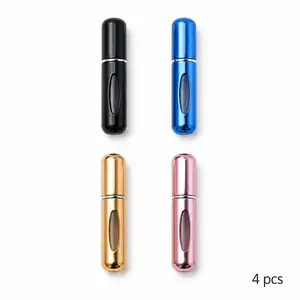 4 PCS 5ml Bottom-Fill Refillable Perfume Atomizer Bottles - Mini TSA-Approved Portable Travel Sprayers with Aluminum Press Caps, Leakproof Fragrance Sample Vials, On-The-Go Home Organizer Storage Jars for Daily Scent & Vacation Canister Tin Tin