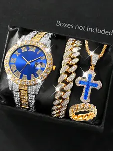 Stainless Steel Watch Set with Roman Numerals, Cuban Link Bracelet & Cross Pendant Necklace, Unisex Casual Quartz Wristwatch Gift, Men Jewelry