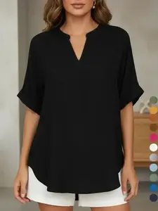 Women's Plain Short Sleeve Blouse, Casual Solid Color Top for Daily Wear, Ladies Clothes for All Seasons