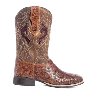 Myra Gianna Hand-Tooled Leather Boots for Women â€“ Studded Mid-Calf Western Brunch Heels with Embroidered Floral Designs