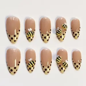 Bee French Tip Press On Nails, 3D Bumblebee Nail Set, Handmade Reusable Gel Acrylic Press On Nails, Cute Spring Aesthetic Gift